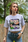 Kadın Ekru Batman Baskılı Crop Bluz (ZCK0664)