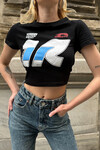 Kadın Siyah Organik Pamuk Racing Babe Kısa Kollu Crop Bluz (ZCKSS096)