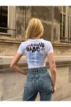 Kadın Beyaz Organik Pamuk Racing Babe Kısa Kollu Crop Bluz (ZCKSS096)