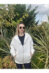 Kadın Beyaz Kapüşonlu Şardonlu Fermuarlı Polar Sweat (ZCKSS146)