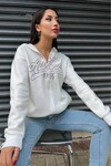 Kadın Ekru Baskılı Fermuarlı Kapüşonlu Sweatshirt (ZCK0713)