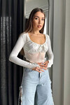 Kadın Ekru Asimetrik Kesim Crop Tül Bluz (zck0569)