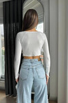 Kadın Ekru Asimetrik Kesim Crop Tül Bluz (zck0569)