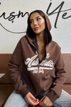 Kadın Kahverengi Baskılı Fermuarlı Kapüşonlu Sweatshirt (zck0713)