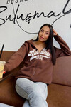 Kadın Kahverengi Baskılı Fermuarlı Kapüşonlu Sweatshirt (zck0713)
