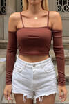 Kadın Kahverengi Madonna Yaka Parçalı Kol Fitilli Crop Bluz (zck0554)