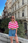 Kadın Pembe Çizgili Polo Yaka Kısa Kollu Triko Bluz (zck0652)