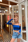 Kadın Saks Mavisi Madonna Yaka Parçalı Kol Fitilli Crop Bluz (zck0554)