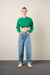 Kadın Zümrüt Yeşili Kısa Crop Sweat (zck0323)
